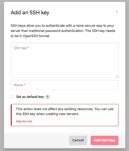 Окно Add SSH Key в Hetzner — поле для вставки публичного ключа